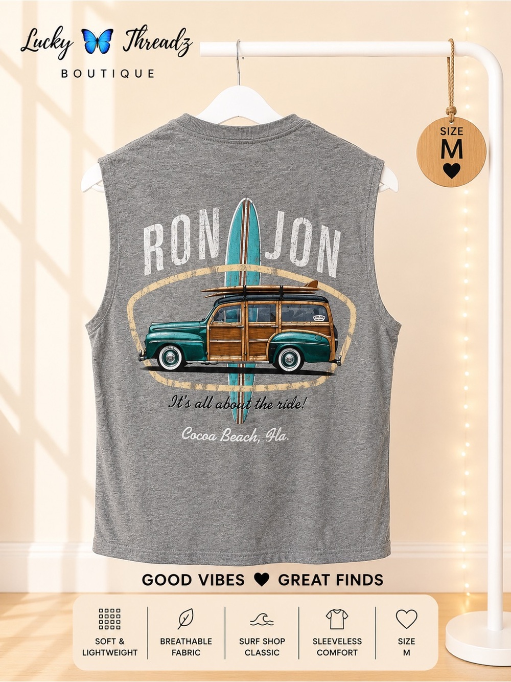 Ron Jon Sleeveless Gray Surf Tank with Teal Woody Car Graphic